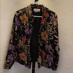 Anji Black Floral Embroidered Bomber Jacket - Purple & Gold Accents